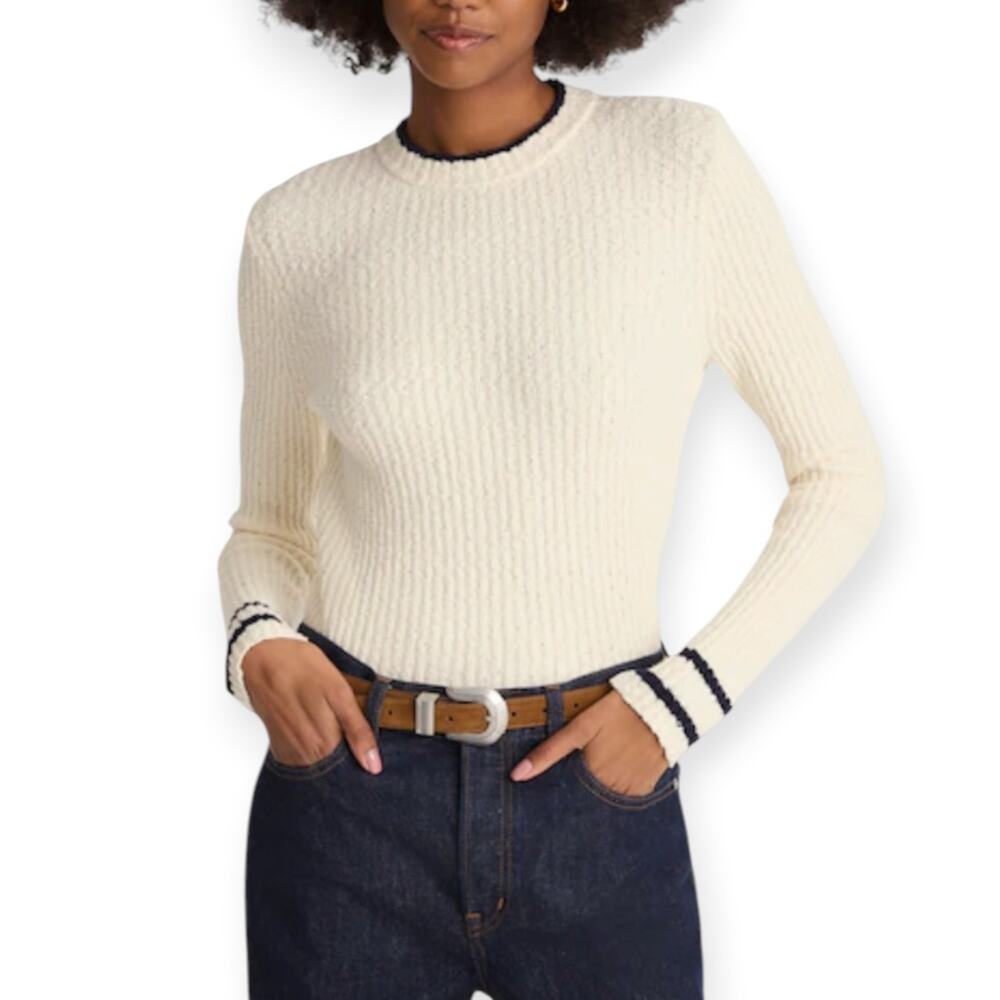 NWT Madewell Boucle Knit Crewneck Sweater Size Large Cream Navy Stripe